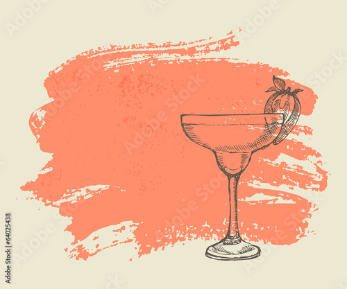 Tropical cocktail with strawberry on pink grunge background