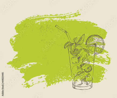 Mojito with mint and lime on green grunge background