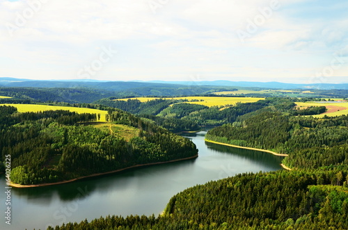 View from wind farms to dam Horka in Czech republic