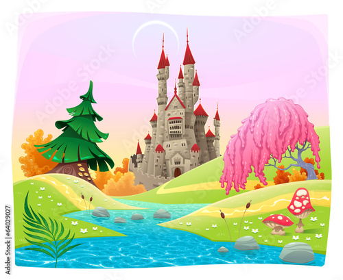 Mythological landscape with medieval castle.