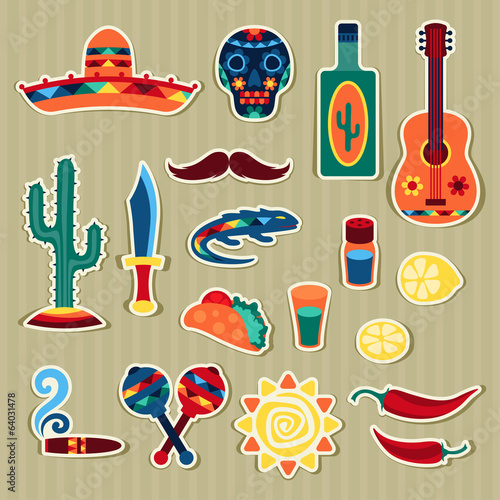 Collection of mexican stickers in native style.