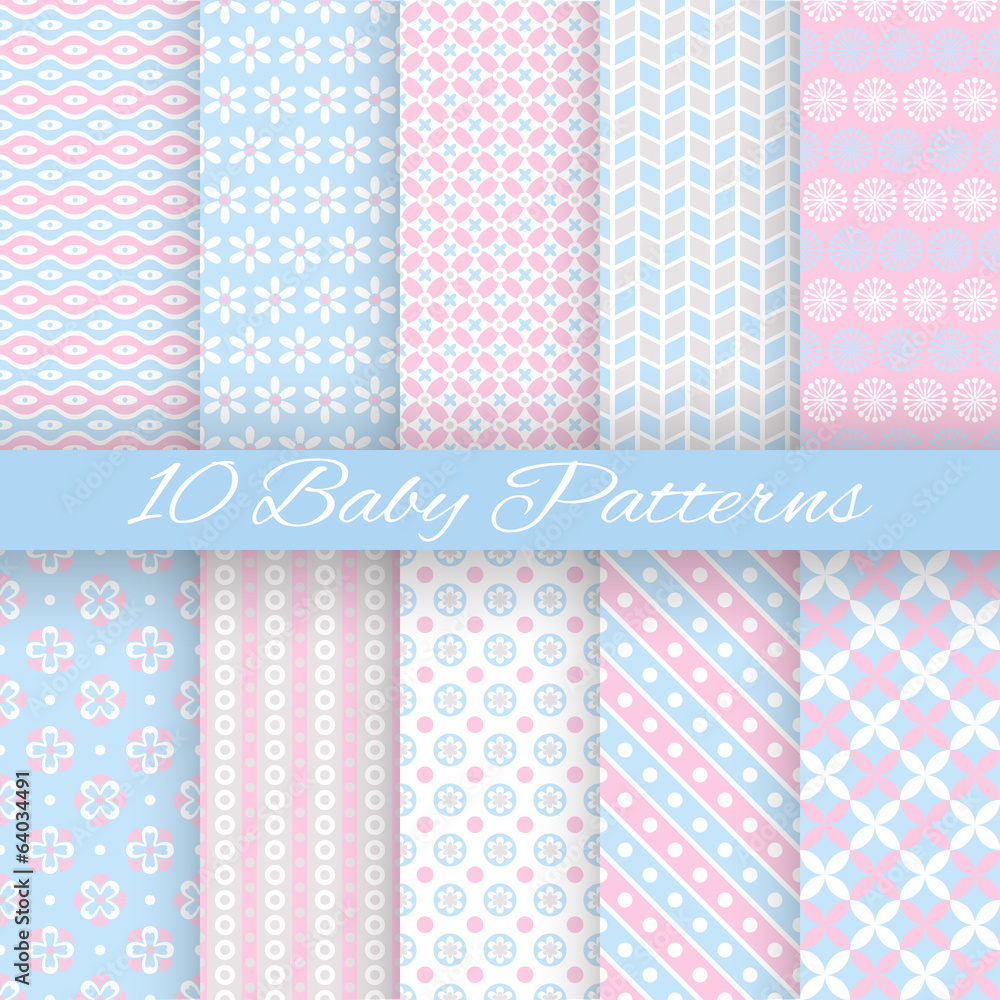 Baby pastel different vector seamless patterns (tiling)
