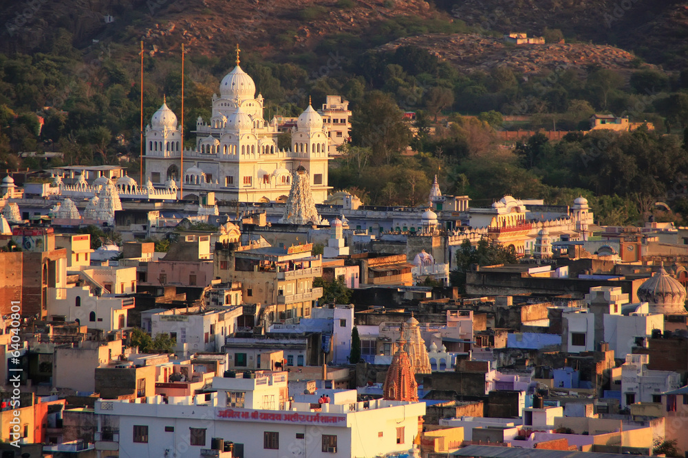 View of Pushkar with Gurudwara temple in the evening, India