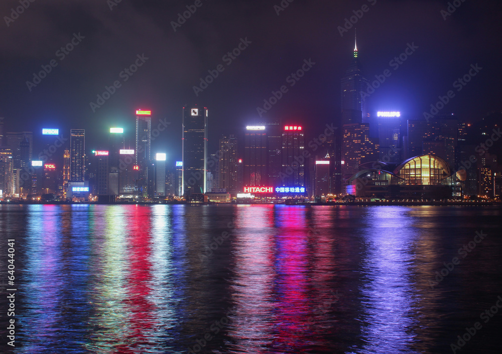 Naklejka premium Panorama of Hong Kong Island from Kowloon at night time