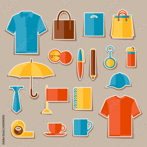 Icon set of promotional gifts and souvenirs.