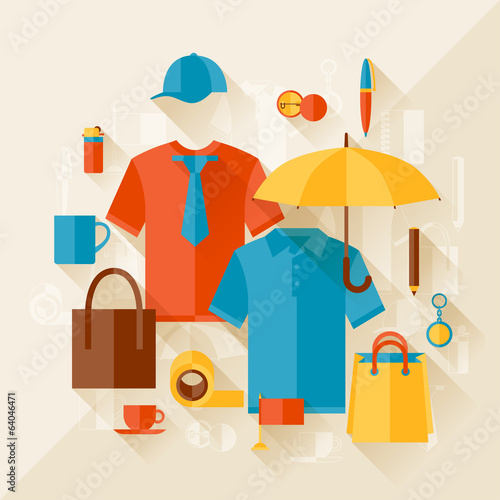 Advertising background with promotional gifts and souvenirs.