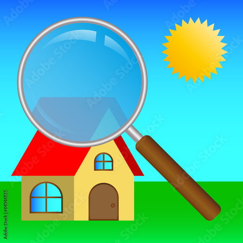 image search house with large magnifying glass and sun
