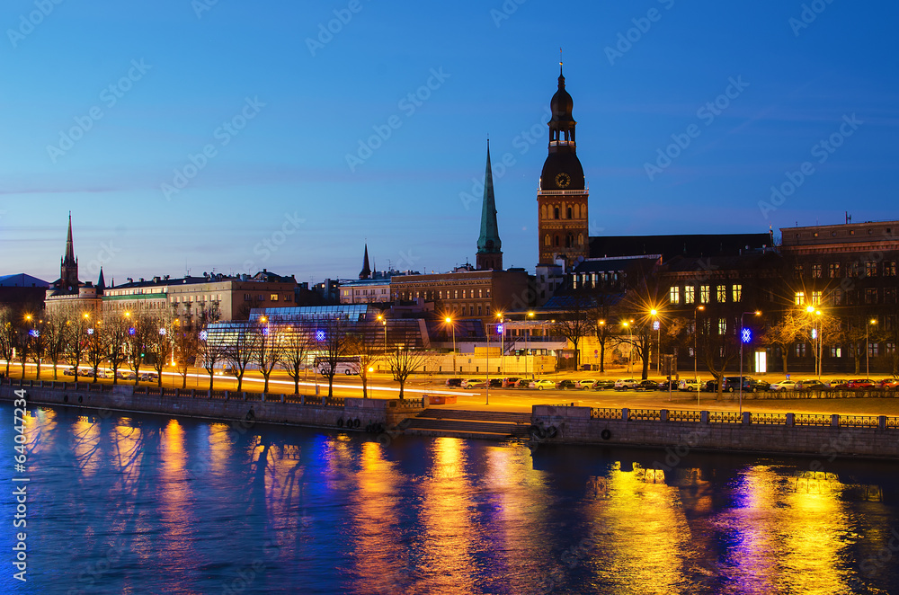 Riga (Latvia)  at night.  The view from Daugava river