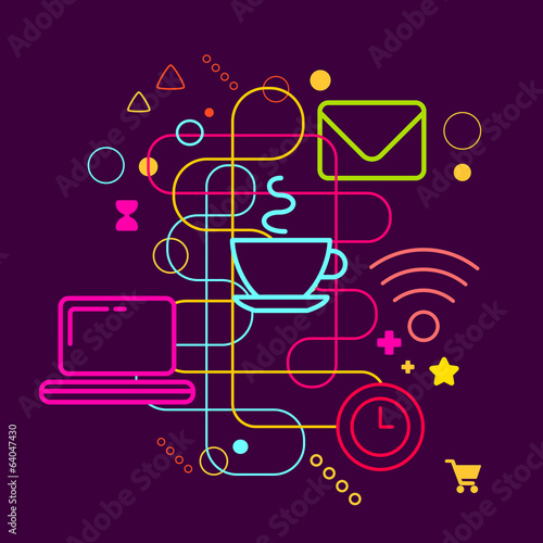 Symbols of using the Internet in a cafe on abstract colorful dar