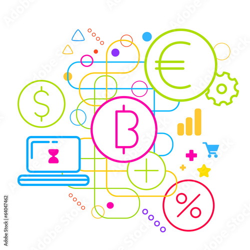 Symbols of currency and money on abstract colorful light backgro