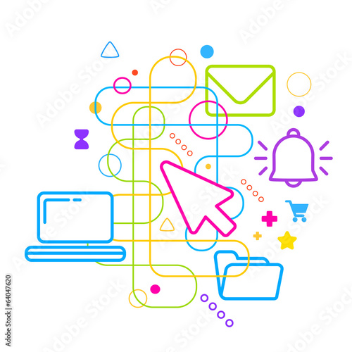 Symbols of office work on abstract colorful light background wit
