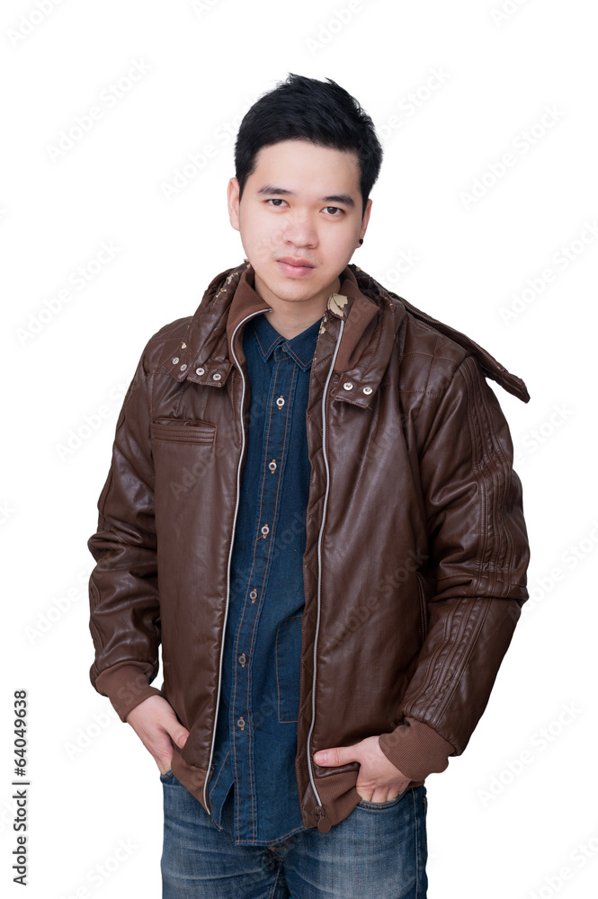 Portrait of asian man wearing jeans shirt amd jacket. Portrait of asian man wearing jeans shirt amd jacket.