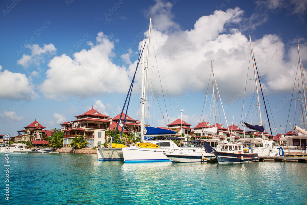 Boats and residential aria at Eden Island, Seychelles