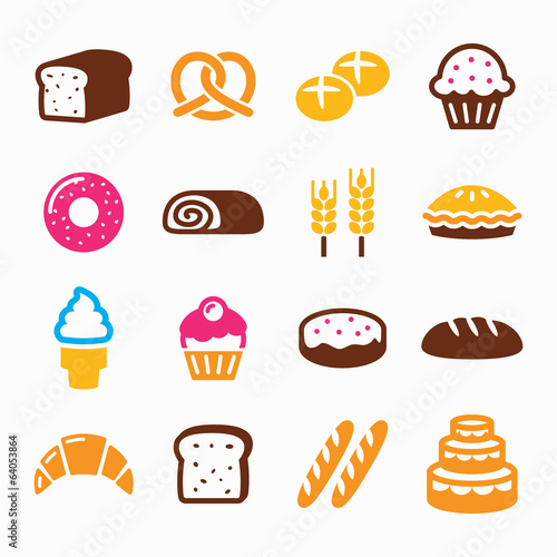 Bakery, pastry icon set - bread, donut, cake, cupcake