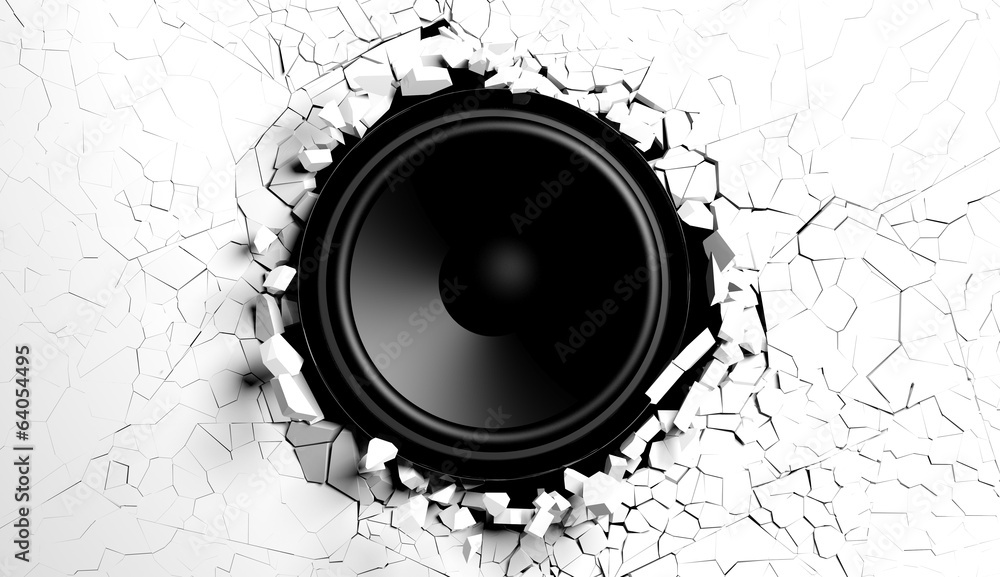 Naklejka premium Biała ściana przerywa dźwięk z ilustracją głośnika