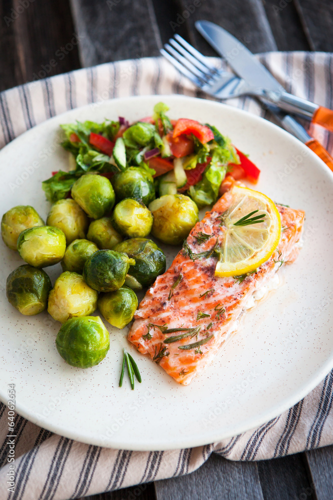 Fried salmon with lemon and brussels sprouts Fried salmon with lemon and brussels sprouts