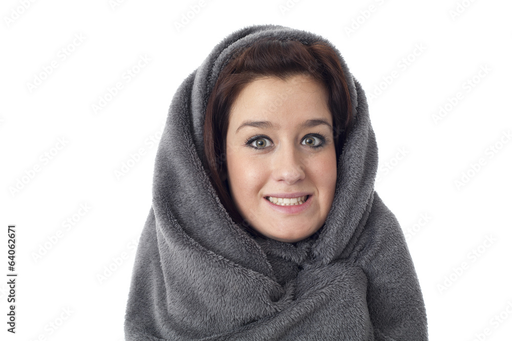 Portrait of a woman feeling cold showing teeth Portrait of a woman feeling cold showing teeth