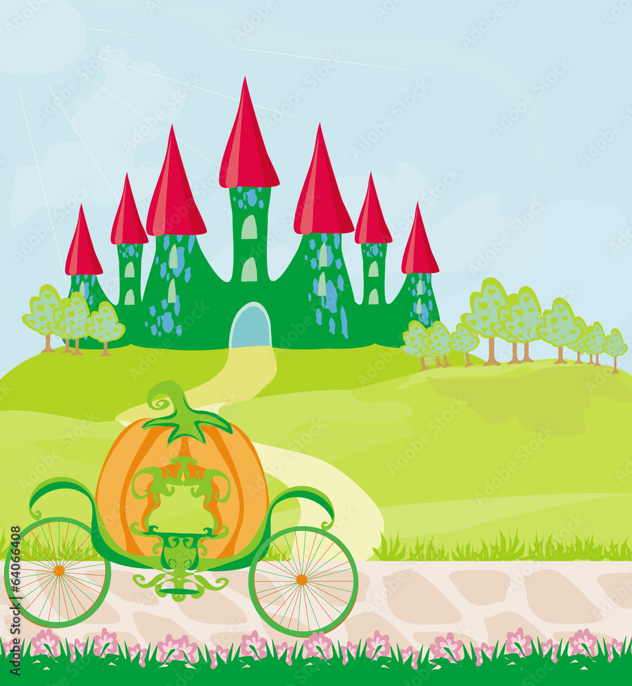 pumpkin carriage standing in front of a fairytale castle