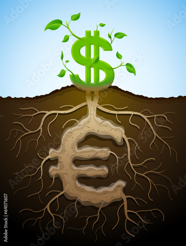 Growing dollar sign like plant with leaves and euro like root photo