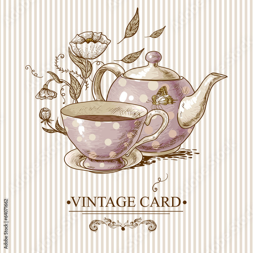 Vintage Card with Cup, Pot, Flowers and Butterfly