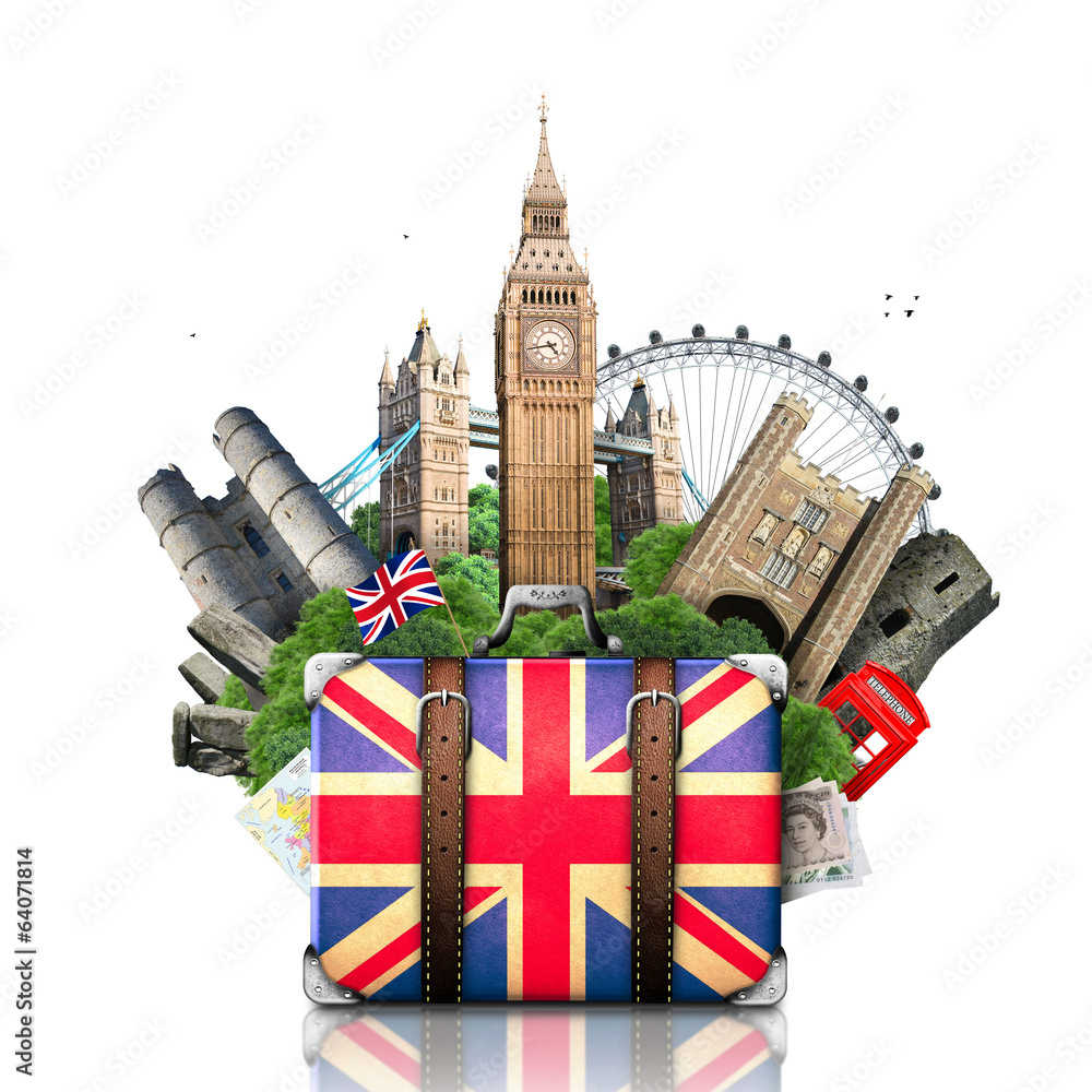 England, British landmarks, travel and retro suitcase - obrazy, fototapety, plakaty 