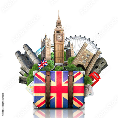 Fotótapéta England, British landmarks, travel and retro suitcase