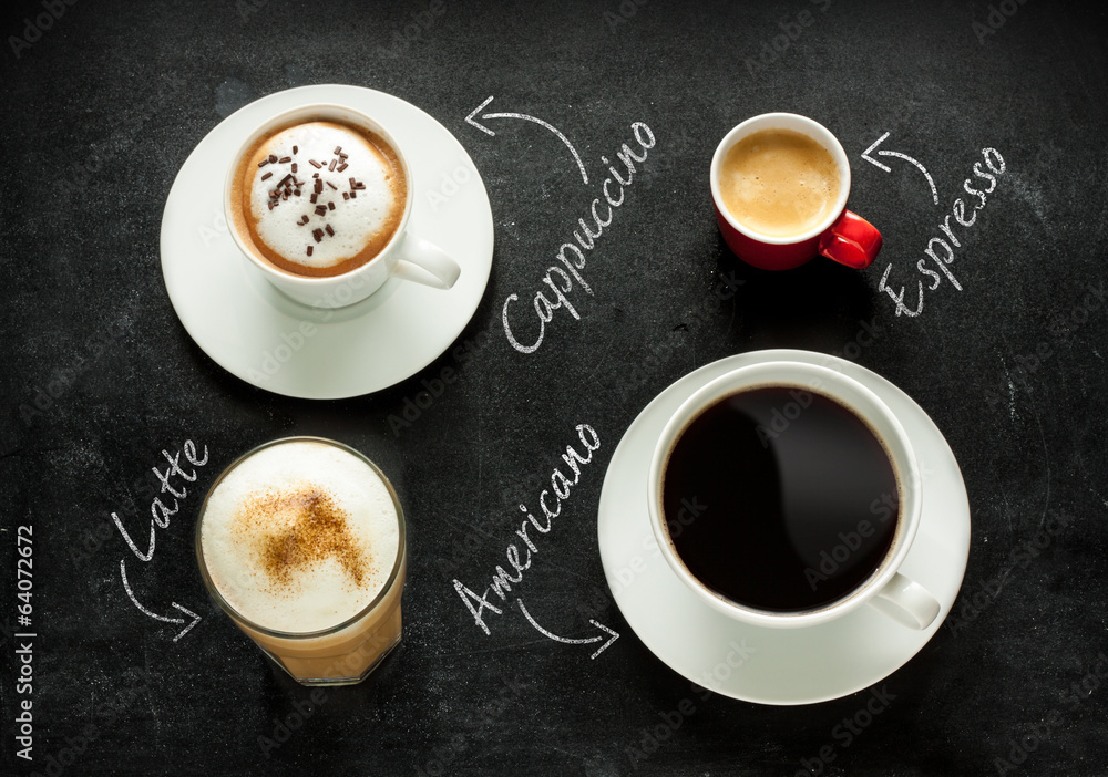 Cappuccino, espresso, americano and latte coffee Foto, Poster, Wandbilder  bei EuroPosters