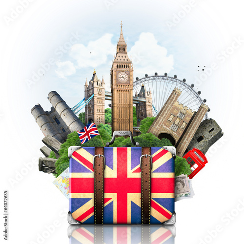 Fototapet England, British landmarks, travel and retro suitcase