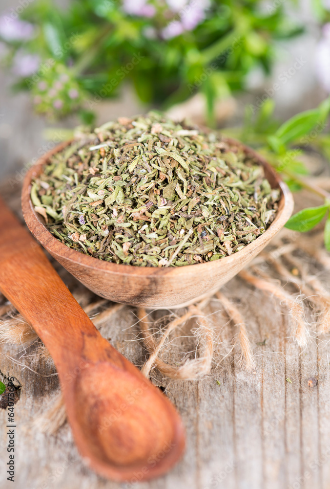 Dried Winter Savory in a bowl Dried Winter Savory in a bowl