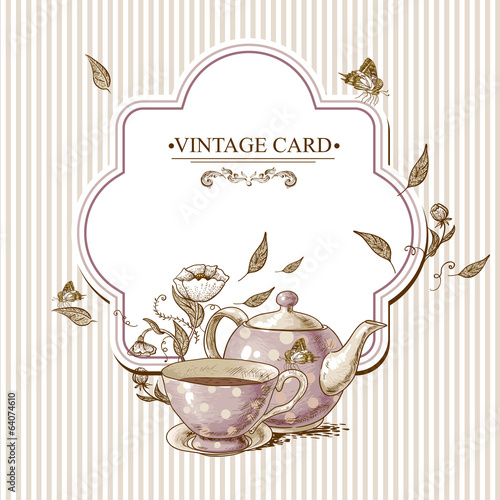 Invitation Vintage Card with Cup, Pot and Flowers