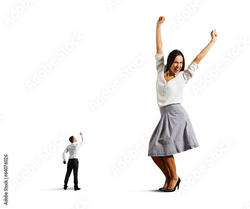 happy dancing woman and small man