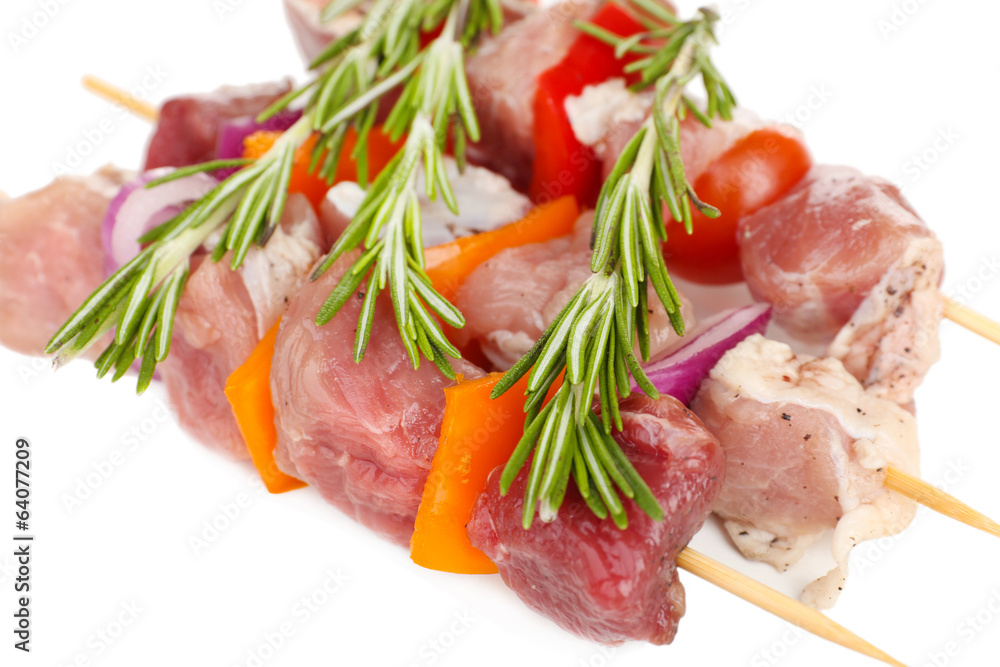 Raw pork kebab close up