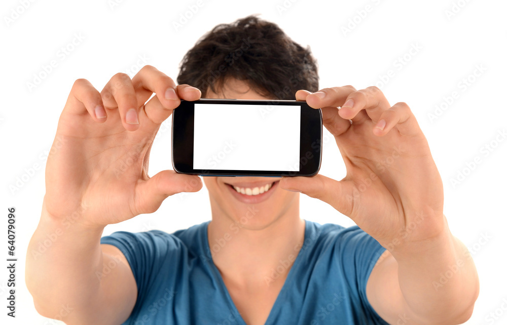 Unrecognizable man taking a selfie photo with his smart phone.