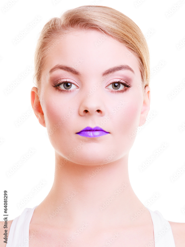 Obraz premium Portrait beautiful girl woman with violet lips. Creative makeup.