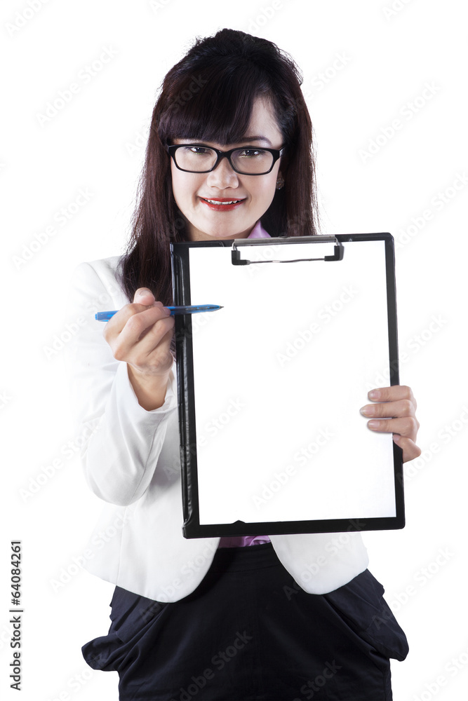 Businesswoman with copyspace on empty clipboard Businesswoman with copyspace on empty clipboard