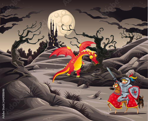 Knight and dragon in a landscape with castle.