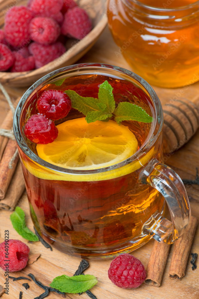 black tea with lemon, mint, raspberry and cinnamon black tea with lemon, mint, raspberry and cinnamon