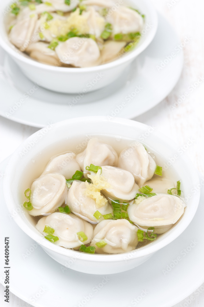 chicken broth with Chinese dumplings, top view chicken broth with Chinese dumplings, top view