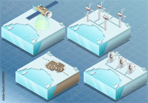 Isometric Arctic Satellite, Windmill, Mine, Radar