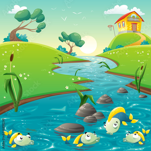 Landscape with river and funny fish.