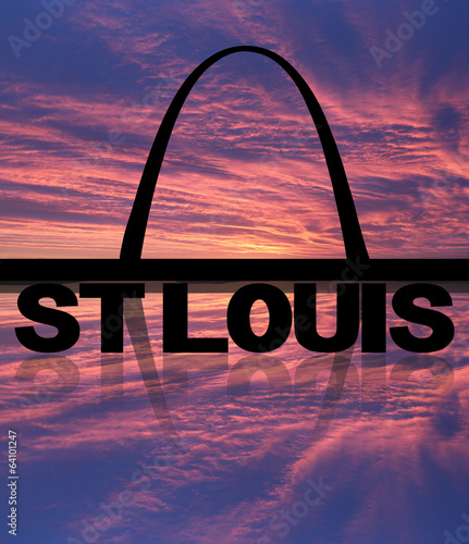 St Louis skyline reflected with text and sunset illustration