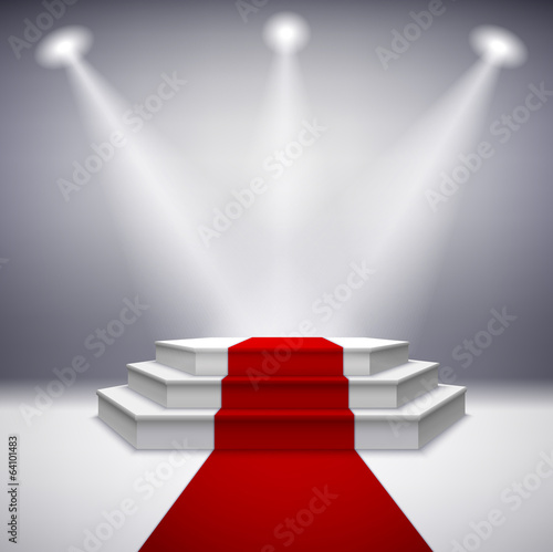 Illuminated stage podium with red carpet