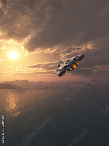 Fototapeta Naklejka Na Ścianę i Meble -  Spaceship Flying at Sunset