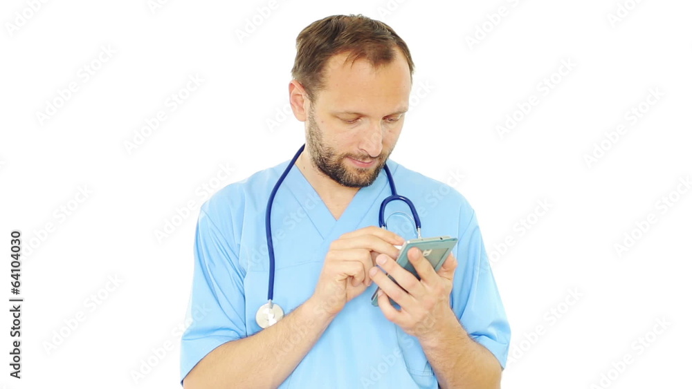 Male doctor using modern smartphone, isolated on white Male doctor using modern smartphone, isolated on white