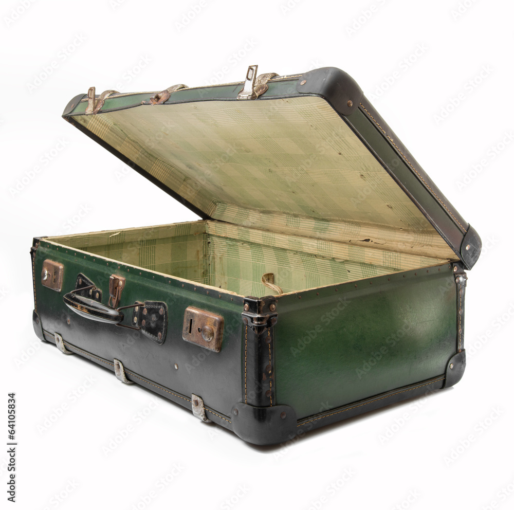 Foto Stock valigia vintage verde semi aperta di traverso