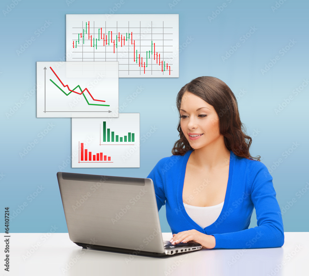 smiling woman in blue clothes with laptop computer smiling woman in blue clothes with laptop computer