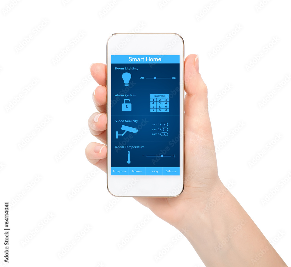 isolated woman hand holding the phone with system smart house isolated woman hand holding the phone with system smart house