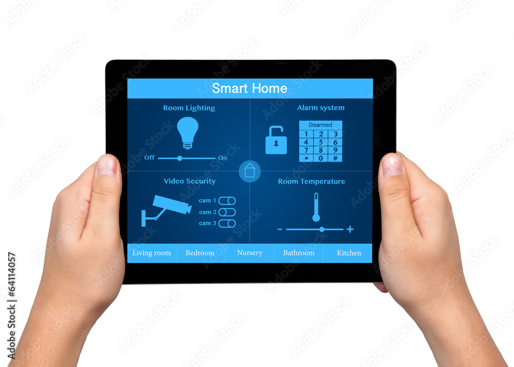isolated men hands hold a tablet with system smart house on the isolated men hands hold a tablet with system smart house on the
