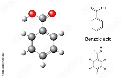 Structural chemical formulas and model of benzoic acid