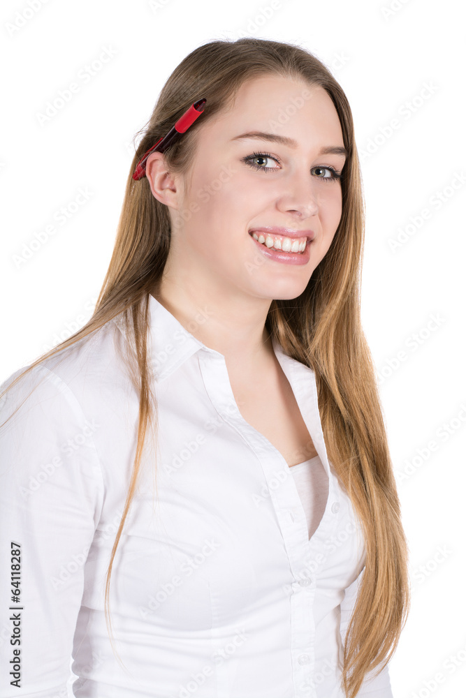 Junge Frau mit Stift hinter dem Ohr Stock Photo | Adobe Stock